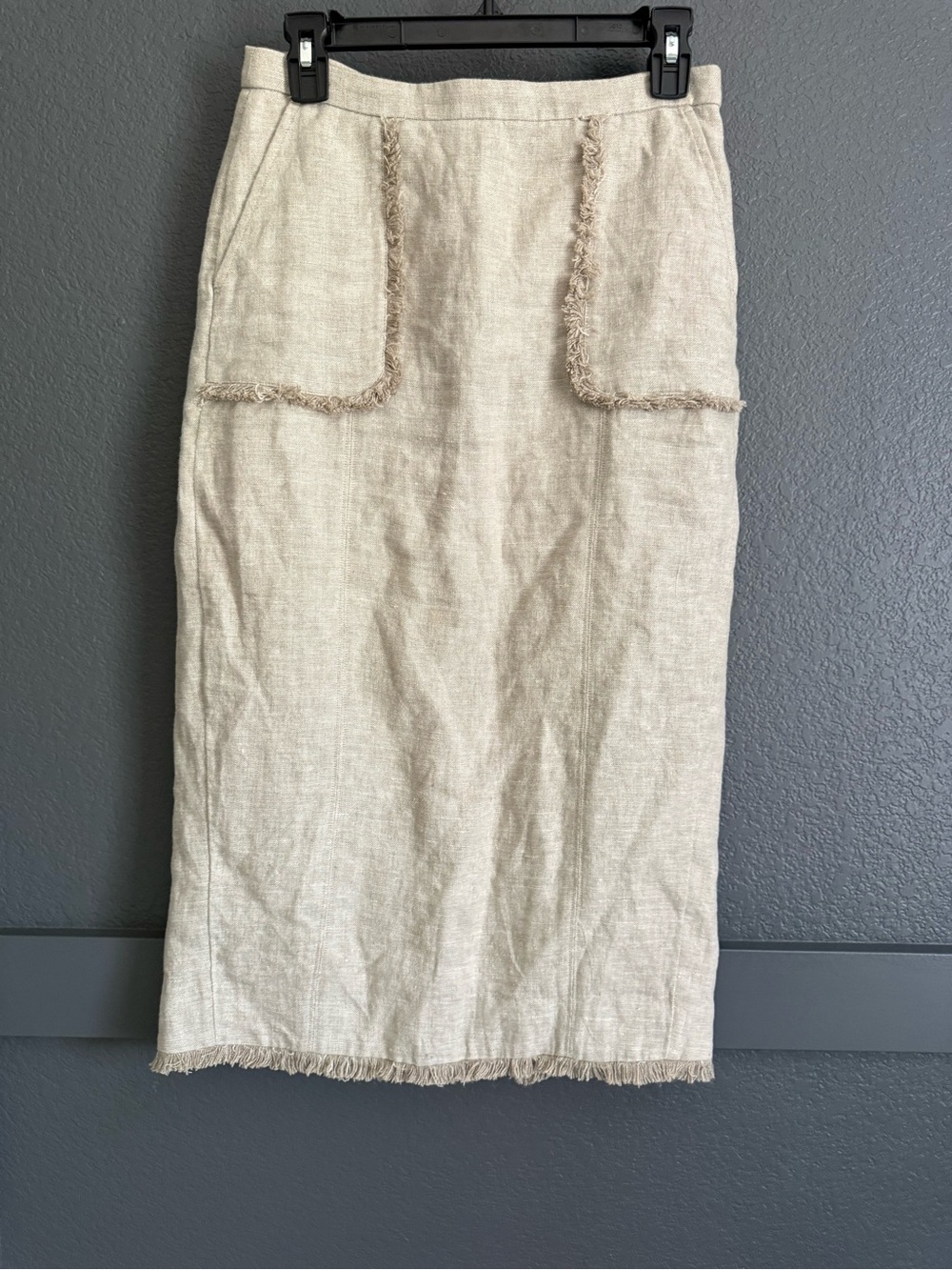 J.CREW • Linen fringe midi pencil skirt beige - size 4 classic